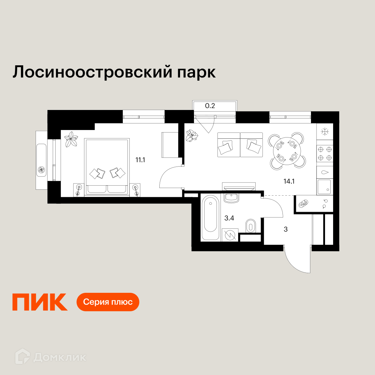 Планировка 1-комн. в ЖК «Лосиноостровский парк»