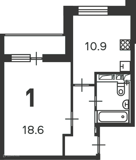 Планировка 1-комн. в ЖК «Полярная, д. 3, к. 1 (Московские кварталы)»