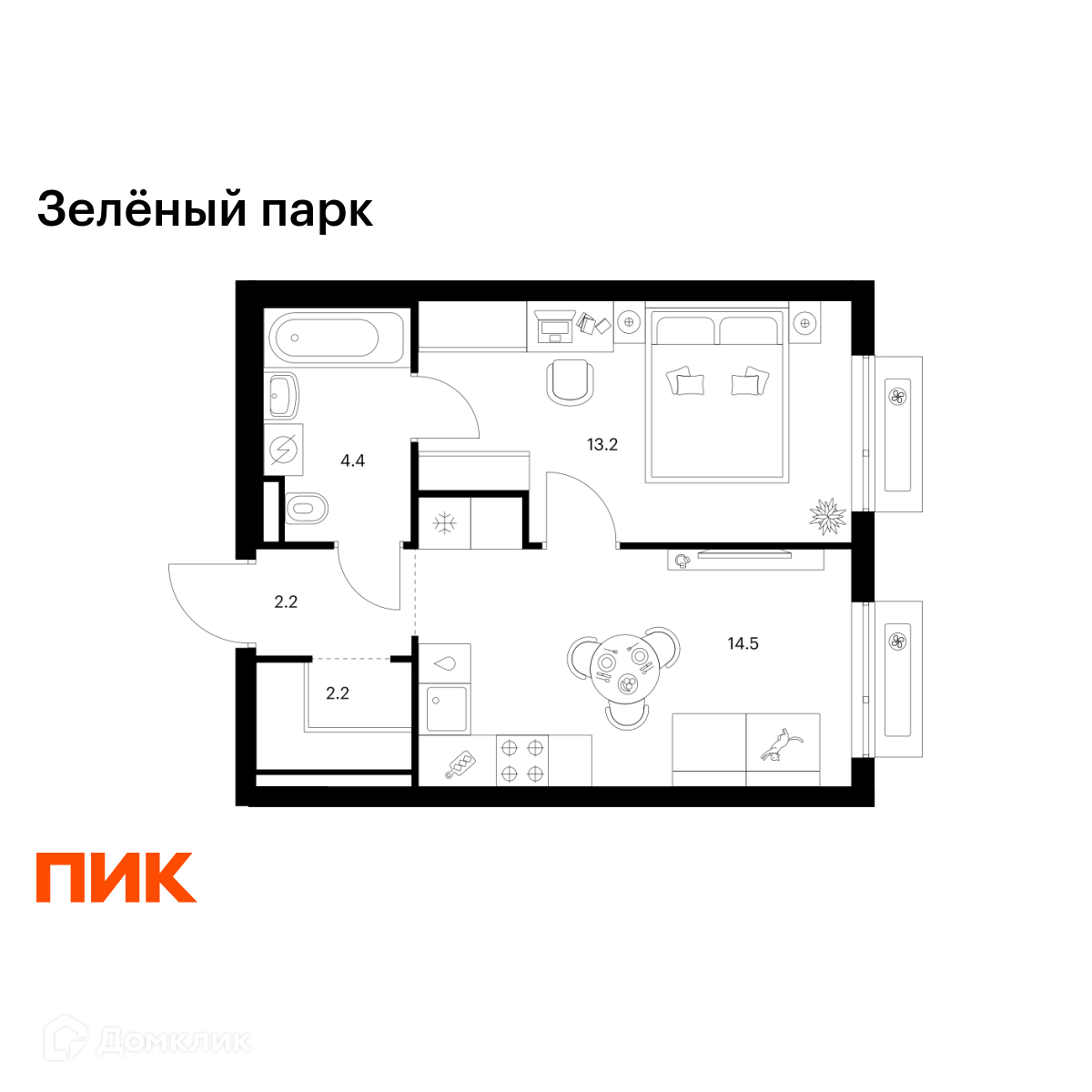 Планировка 1-комн. в ЖК «Зелёный парк»