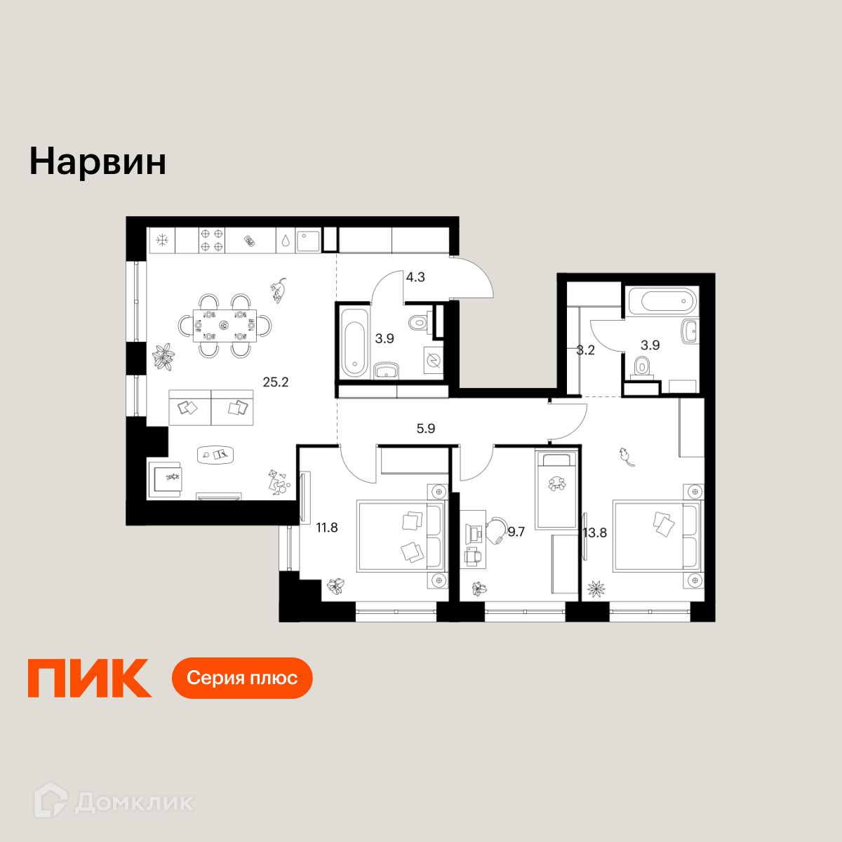 Планировка 3-комн. в ЖК «Нарвин»