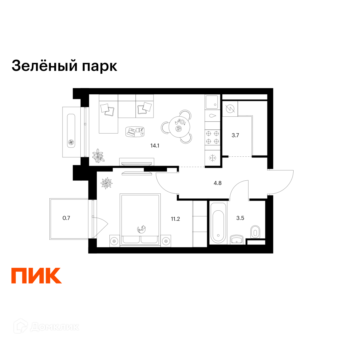 Планировка 1-комн. в ЖК «Зелёный парк»
