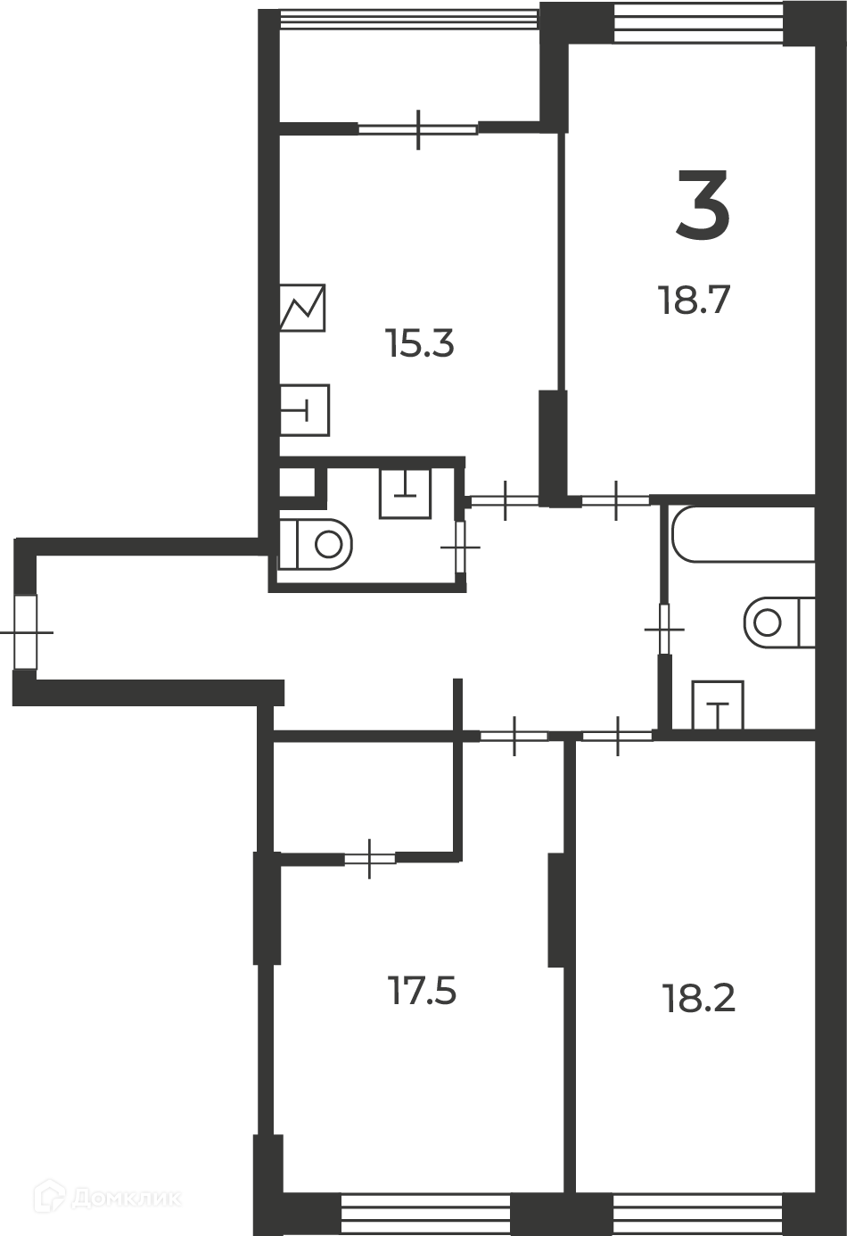Планировка 3-комн. в ЖК «Клинская ул., д. 2А, к. 7 (Московские кварталы)»