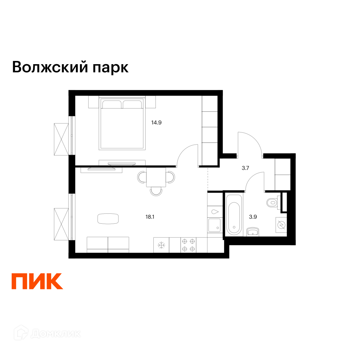 Планировка 1-комн. в ЖК «Волжский парк»