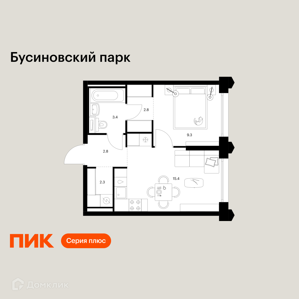 Планировка 1-комн. в ЖК «Бусиновский парк»