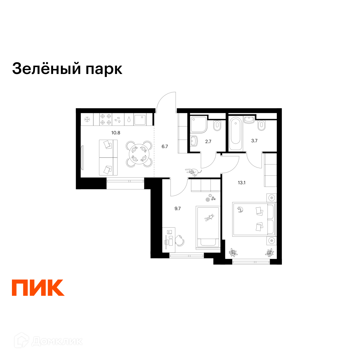 Планировка 2-комн. в ЖК «Зелёный парк»