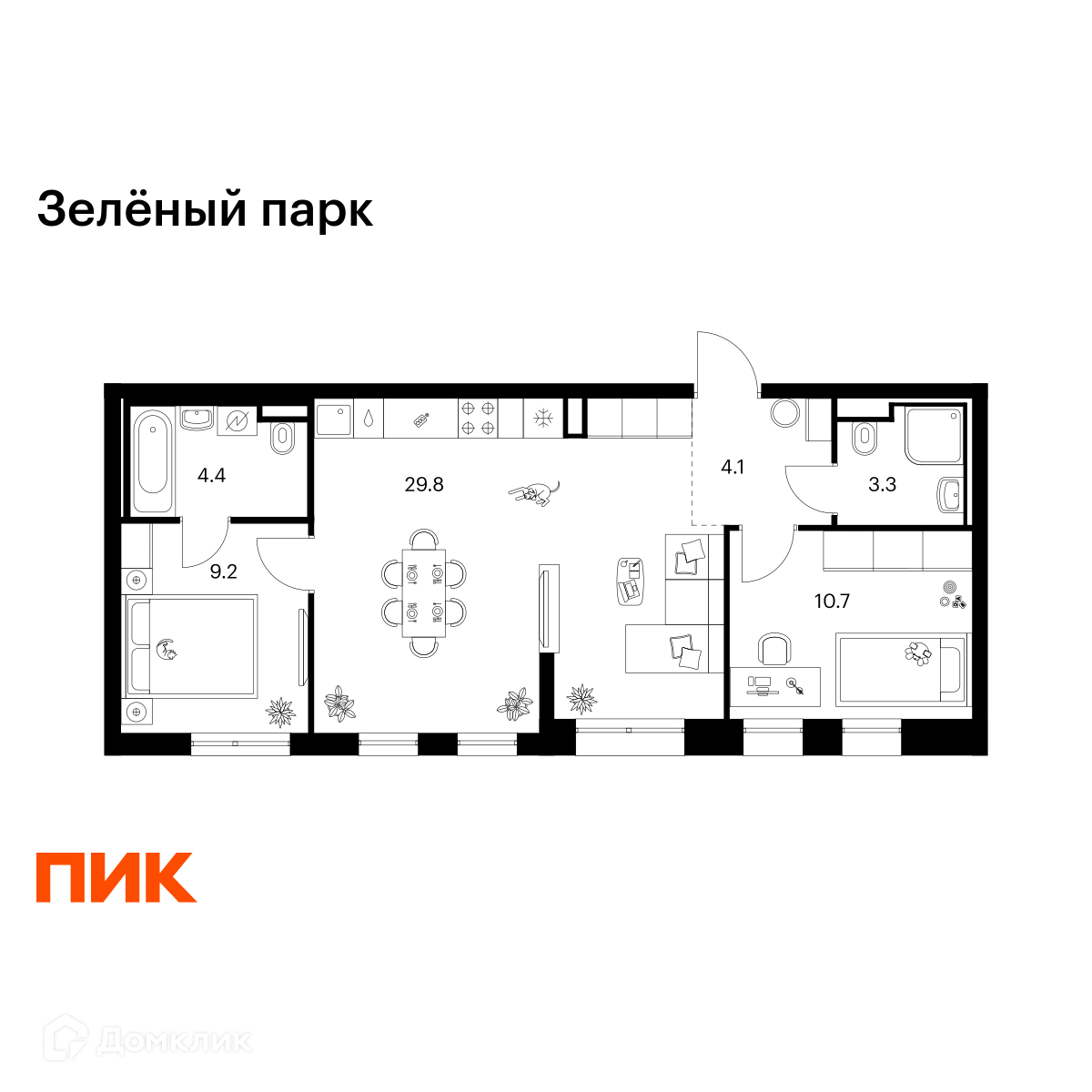 Планировка 2-комн. в ЖК «Зелёный парк»