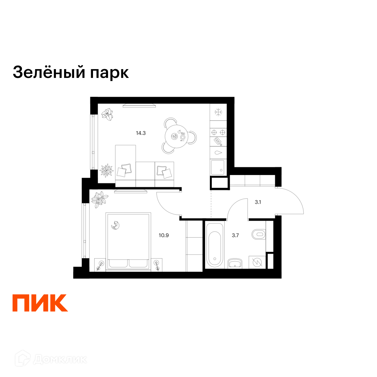 Планировка 1-комн. в ЖК «Зелёный парк»