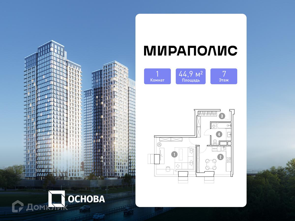 Планировка 1-комн. в ЖК «квартал «МИРАПОЛИС»