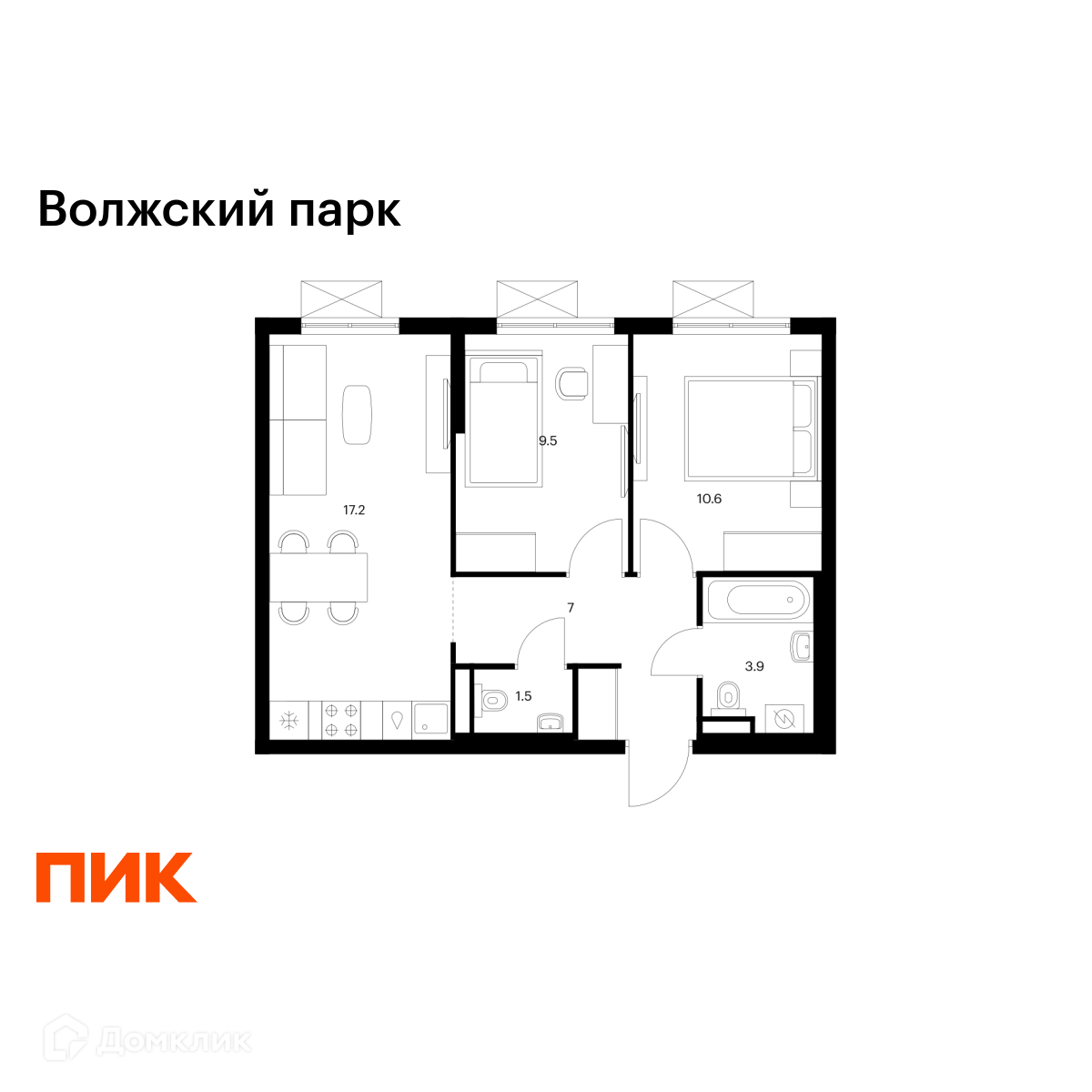 Планировка 2-комн. в ЖК «Волжский парк»