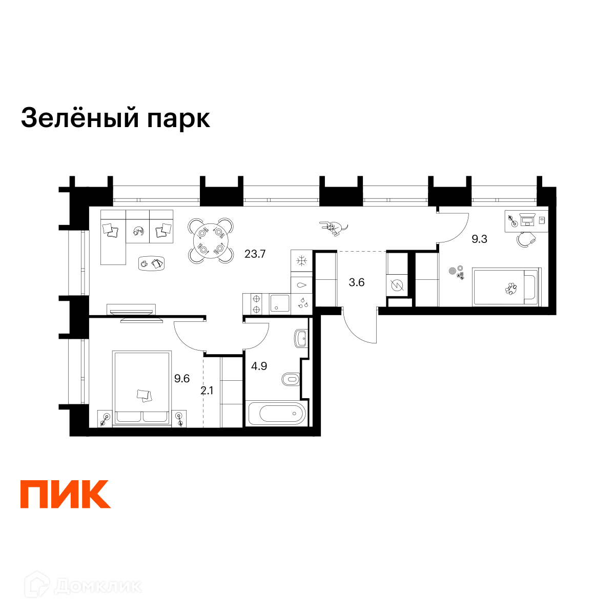 Планировка 2-комн. в ЖК «Зелёный парк»