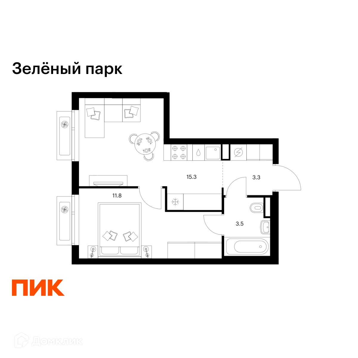 Планировка 1-комн. в ЖК «Зелёный парк»