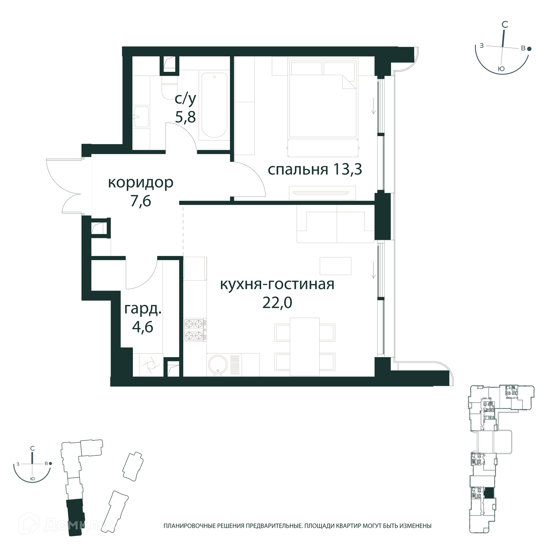 Планировка 1-комн. в ЖК «РЕКА»