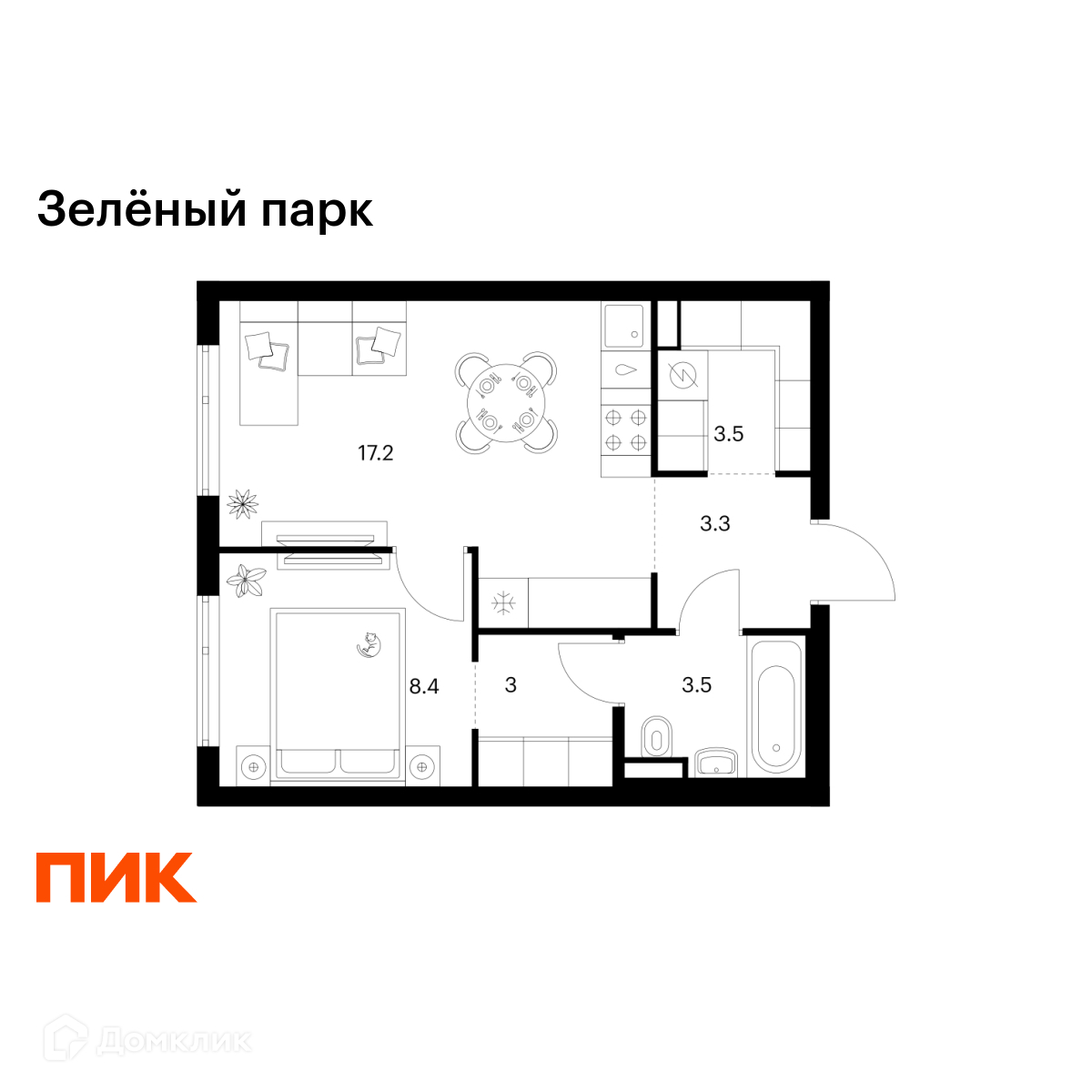 Планировка 1-комн. в ЖК «Зелёный парк»