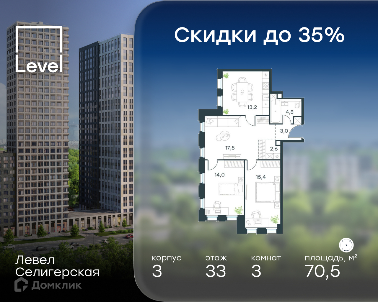 Планировка 3-комн. в ЖК «Левел Селигерская»