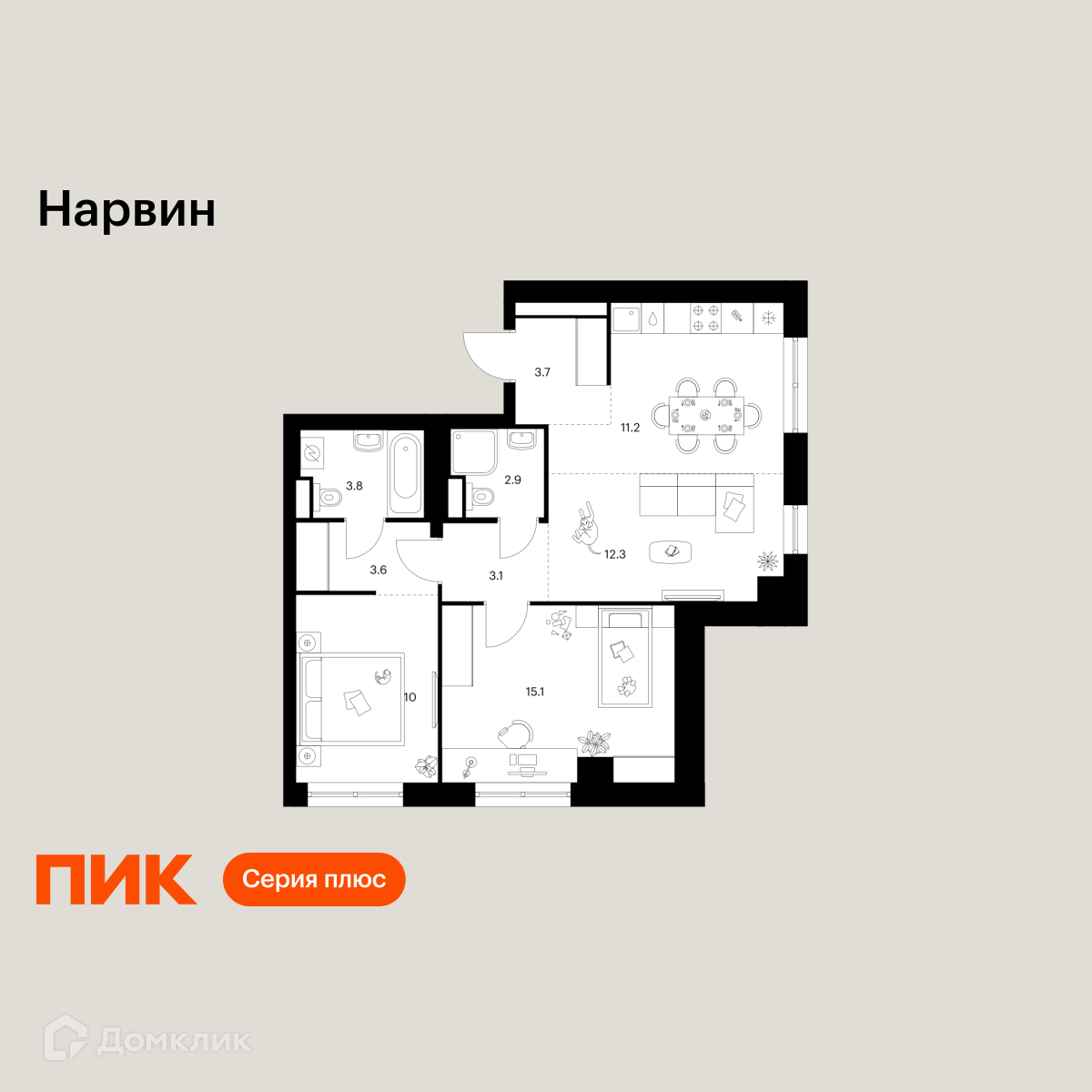 Планировка 3-комн. в ЖК «Нарвин»