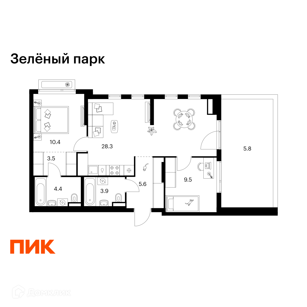 Планировка 2-комн. в ЖК «Зелёный парк»