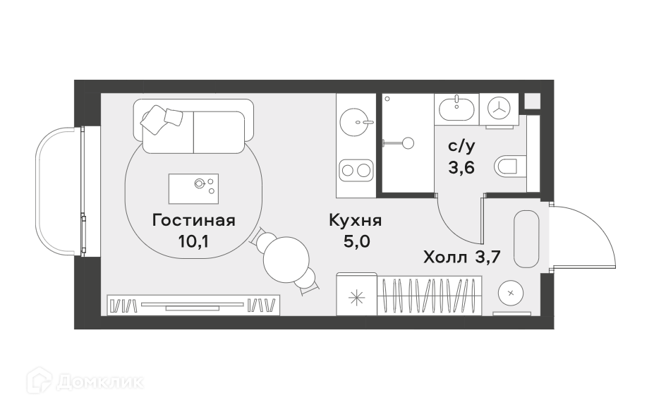 Планировка 1-комн. в ЖК «Жилой район АЛИА»
