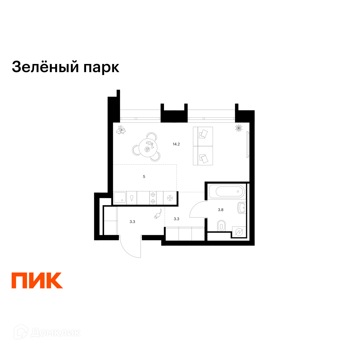 Планировка 1-комн. в ЖК «Зелёный парк»