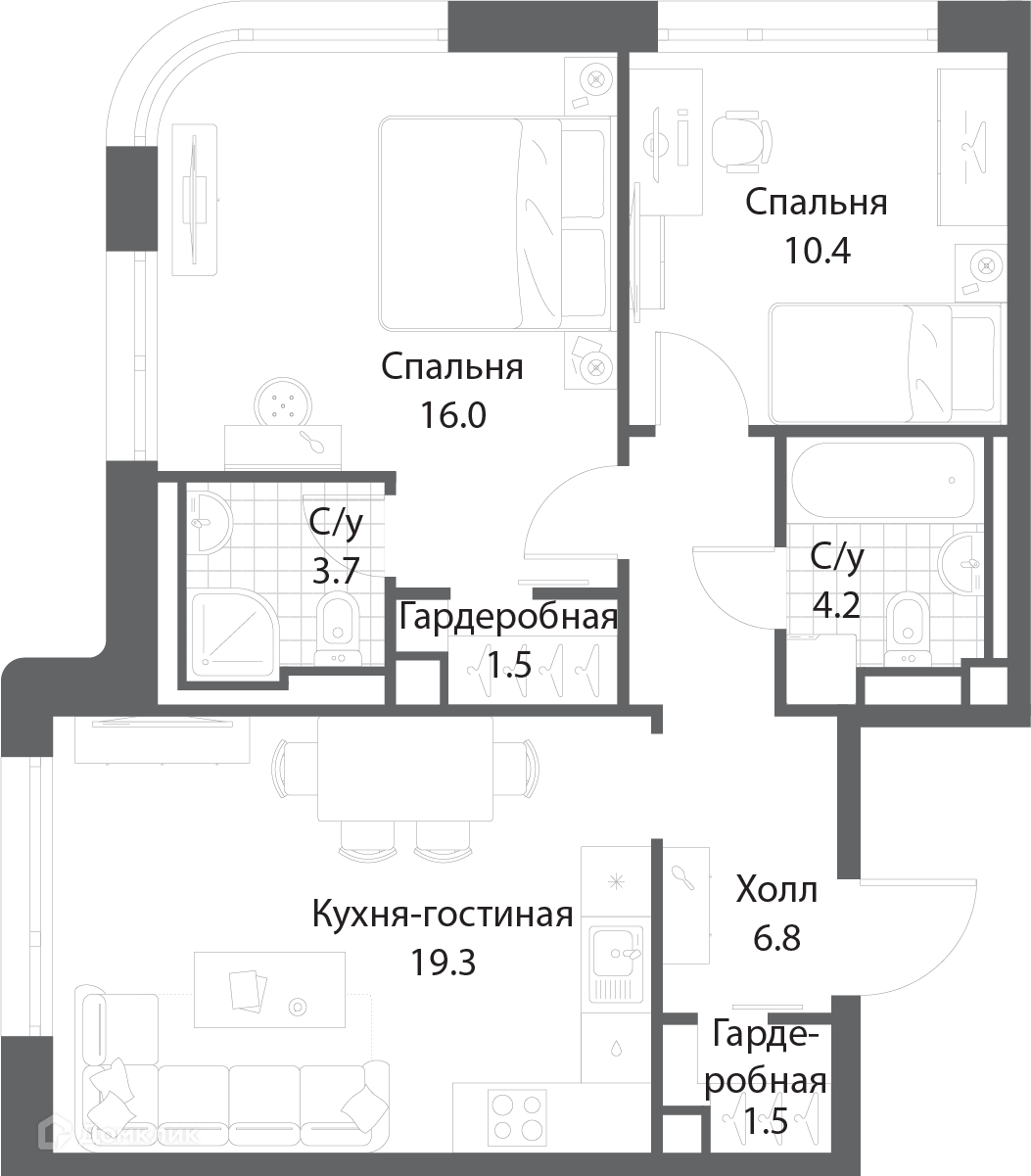 Планировка 2-комн. в ЖК «Нагатино Ай-Лэнд»