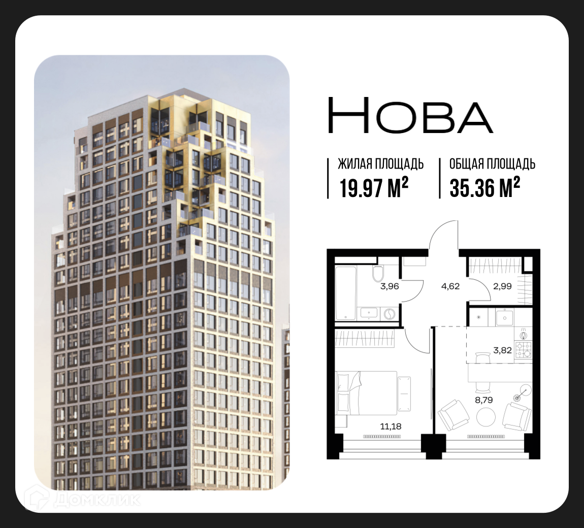Планировка 1-комн. в ЖК «Нова»