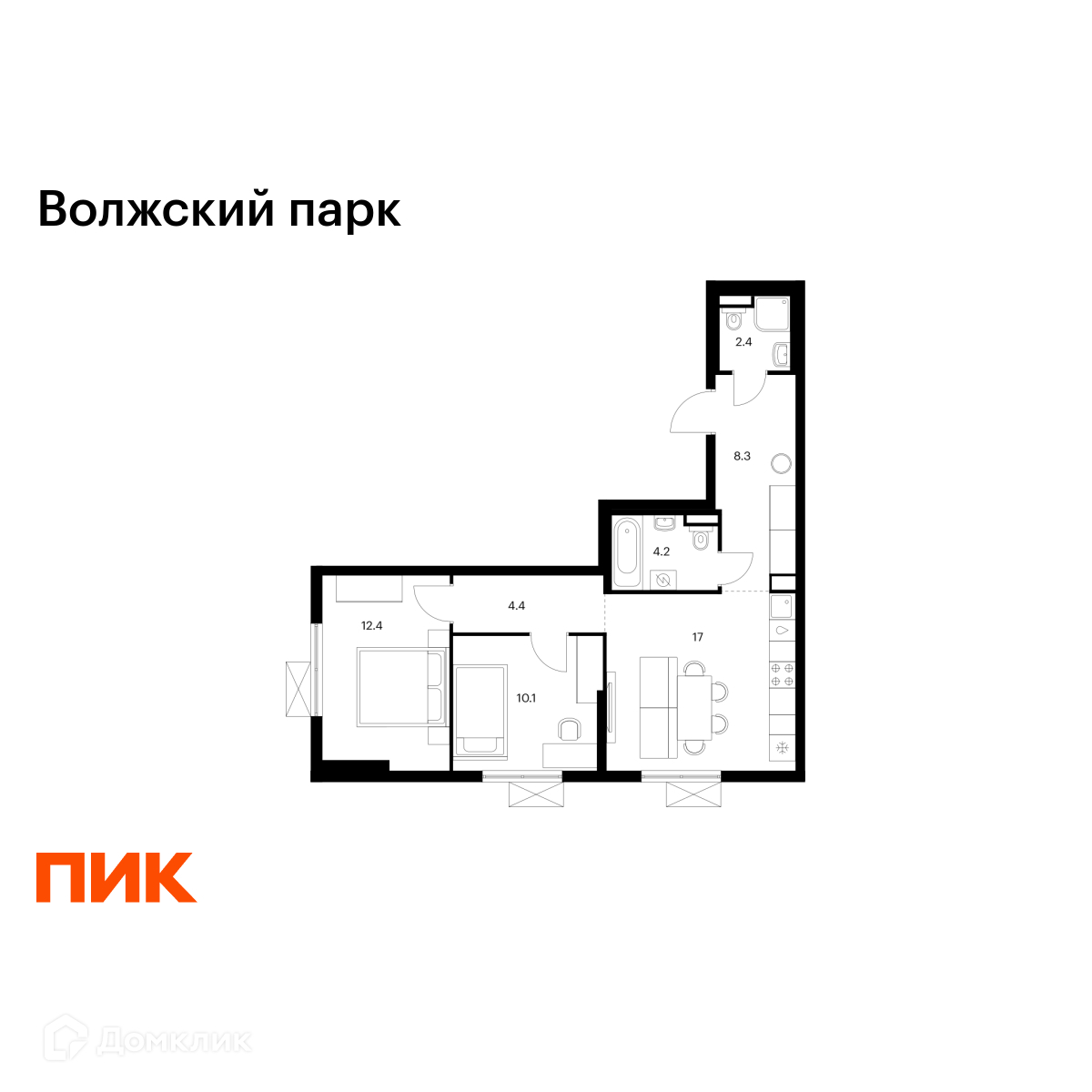 Планировка 2-комн. в ЖК «Волжский парк»