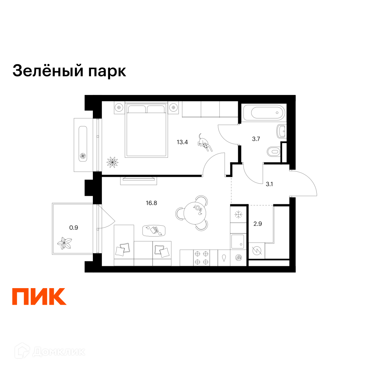 Планировка 1-комн. в ЖК «Зелёный парк»