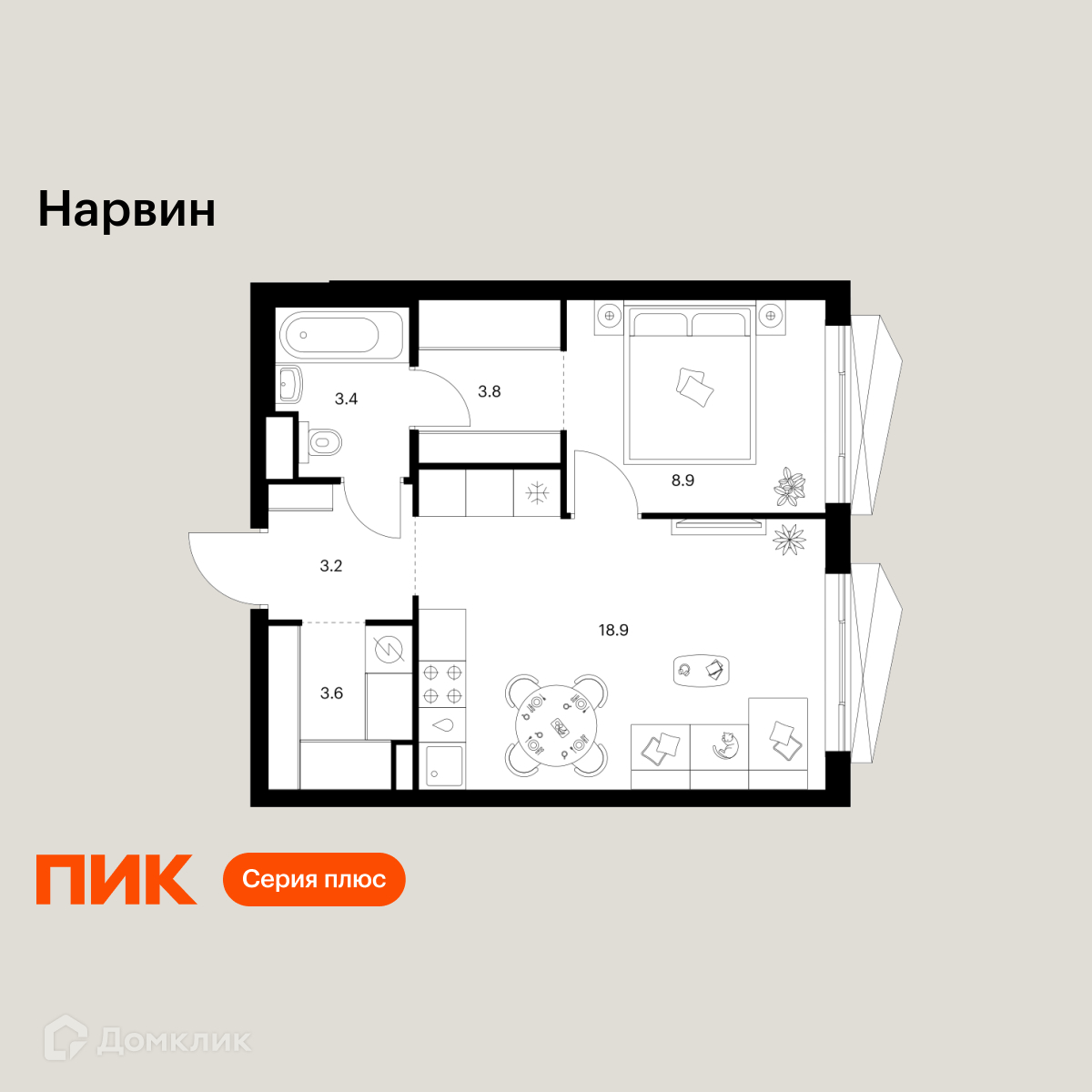 Планировка 1-комн. в ЖК «Нарвин»