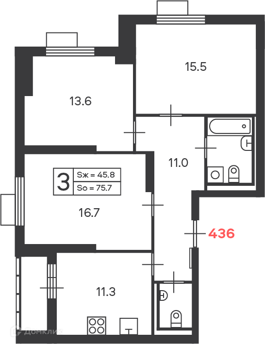 Планировка 3-комн. в ЖК «Дмитровское шоссе 89 (Московские кварталы)»