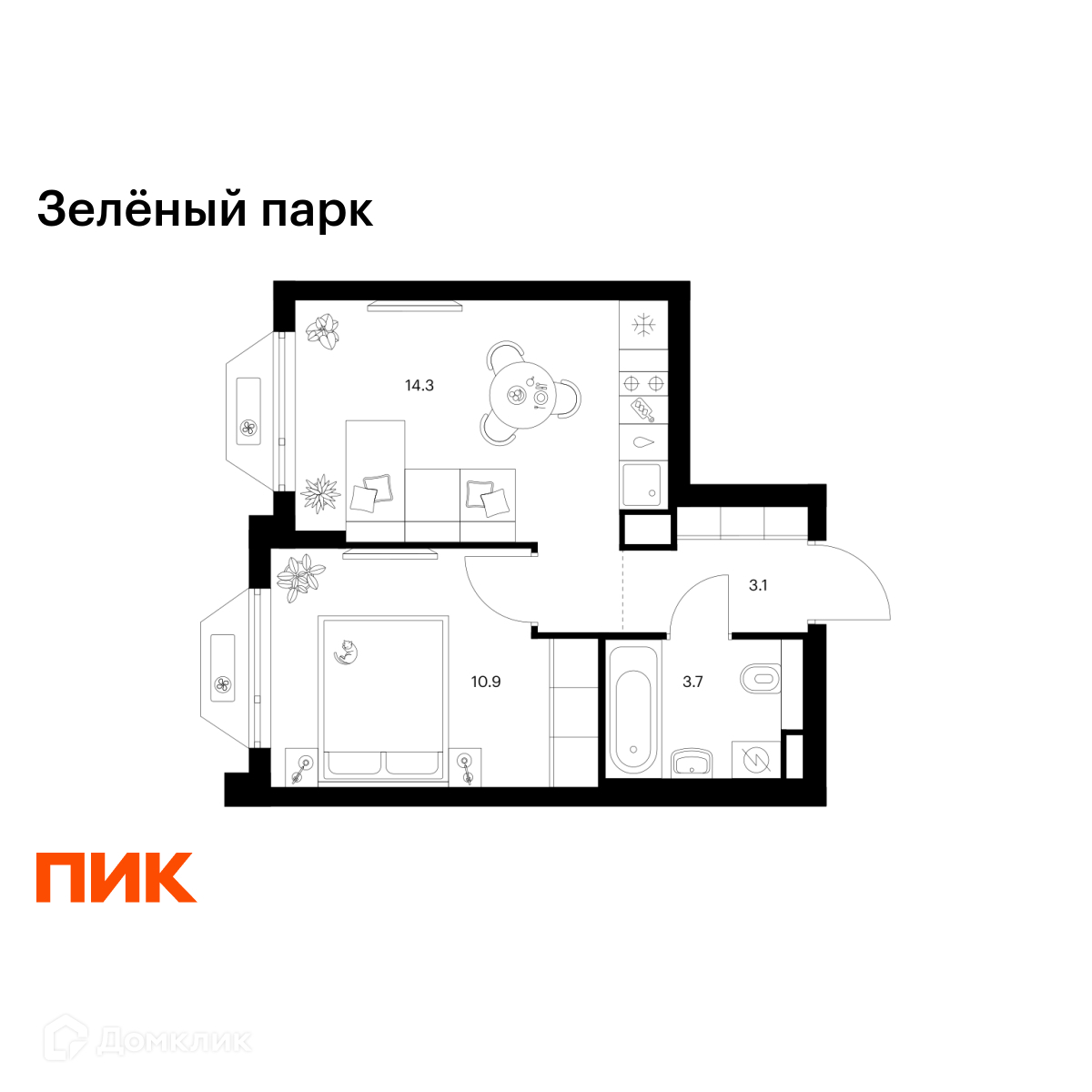 Планировка 1-комн. в ЖК «Зелёный парк»