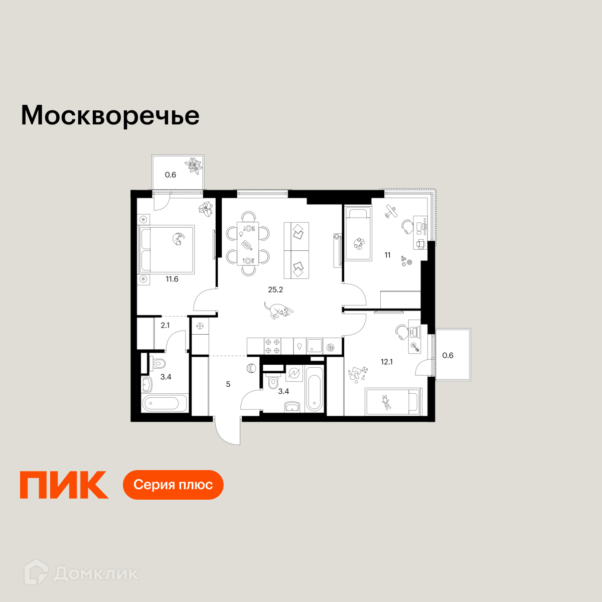 Планировка 3-комн. в ЖК «Москворечье»