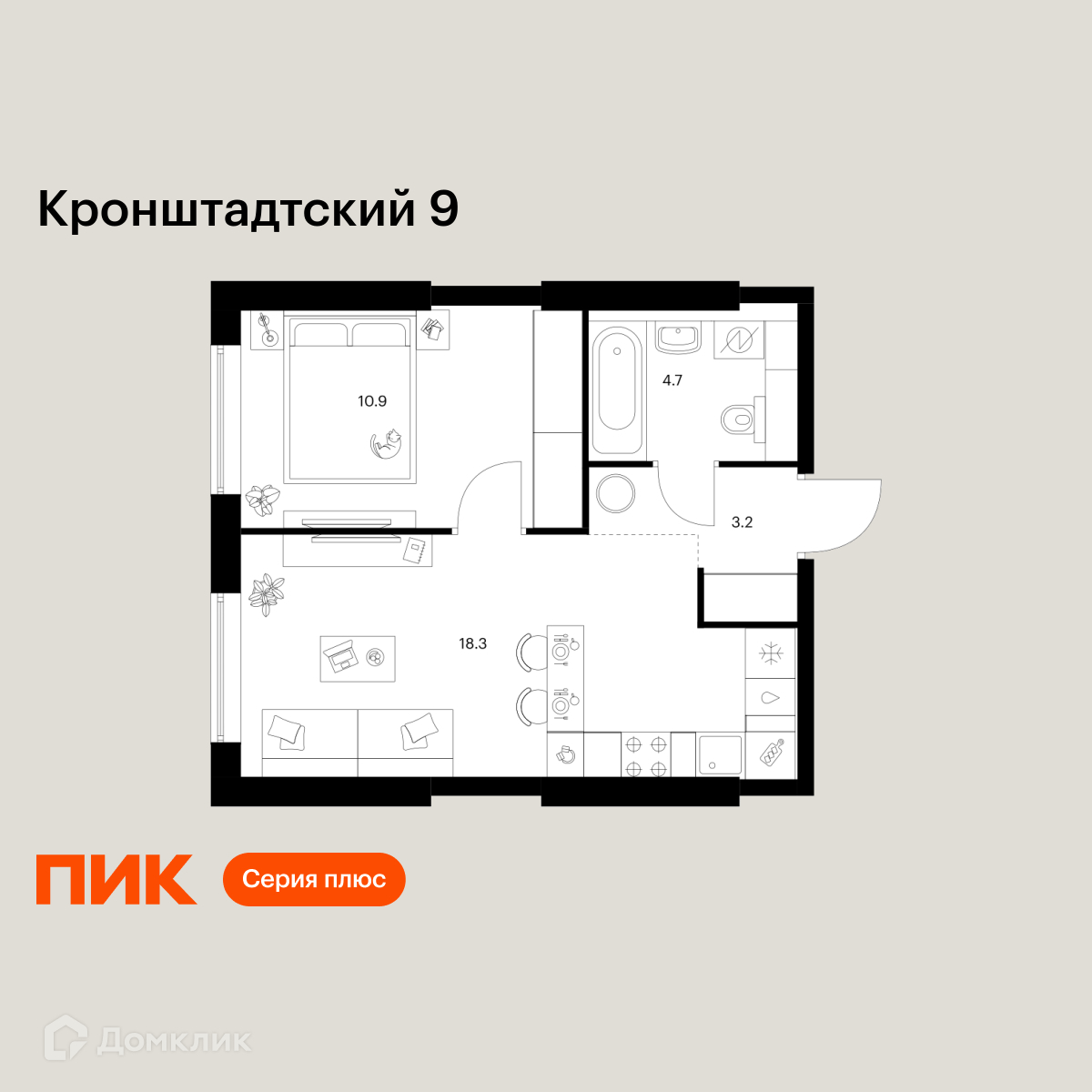 Планировка 1-комн. в ЖК «Кронштадтский 9»