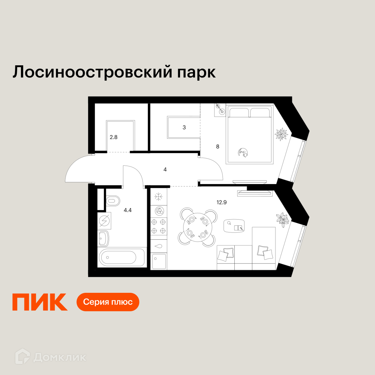 Планировка 1-комн. в ЖК «Лосиноостровский парк»
