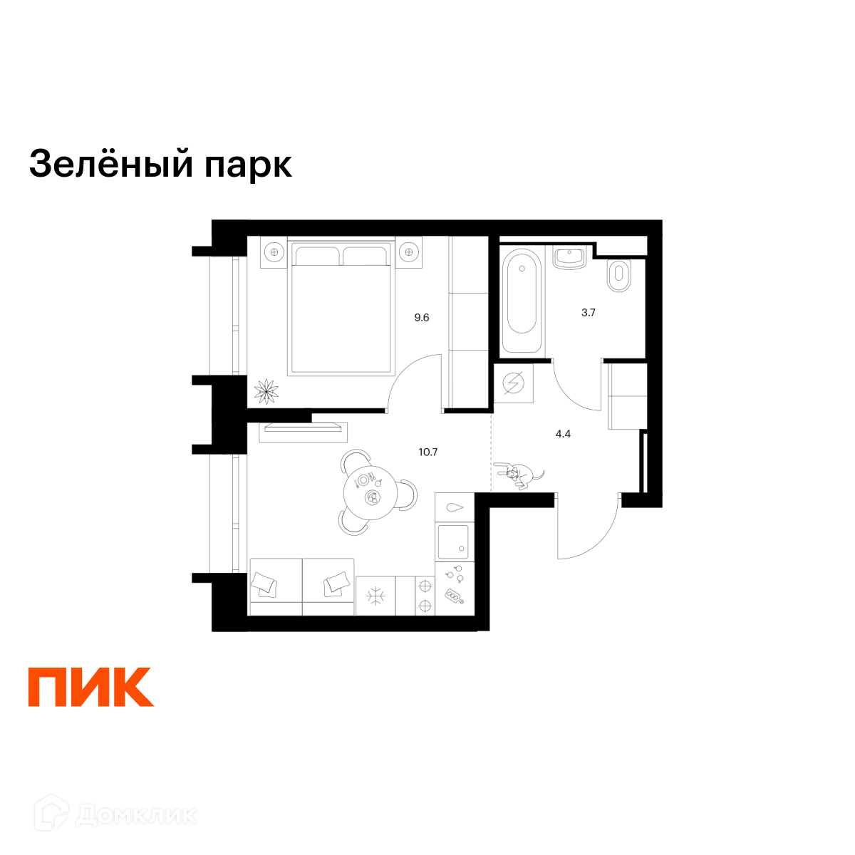 Планировка 1-комн. в ЖК «Зелёный парк»