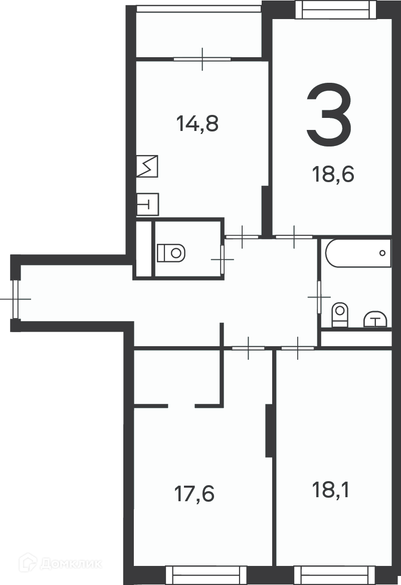 Планировка 3-комн. в ЖК «Клинская ул., д. 2А, к. 7 (Московские кварталы)»