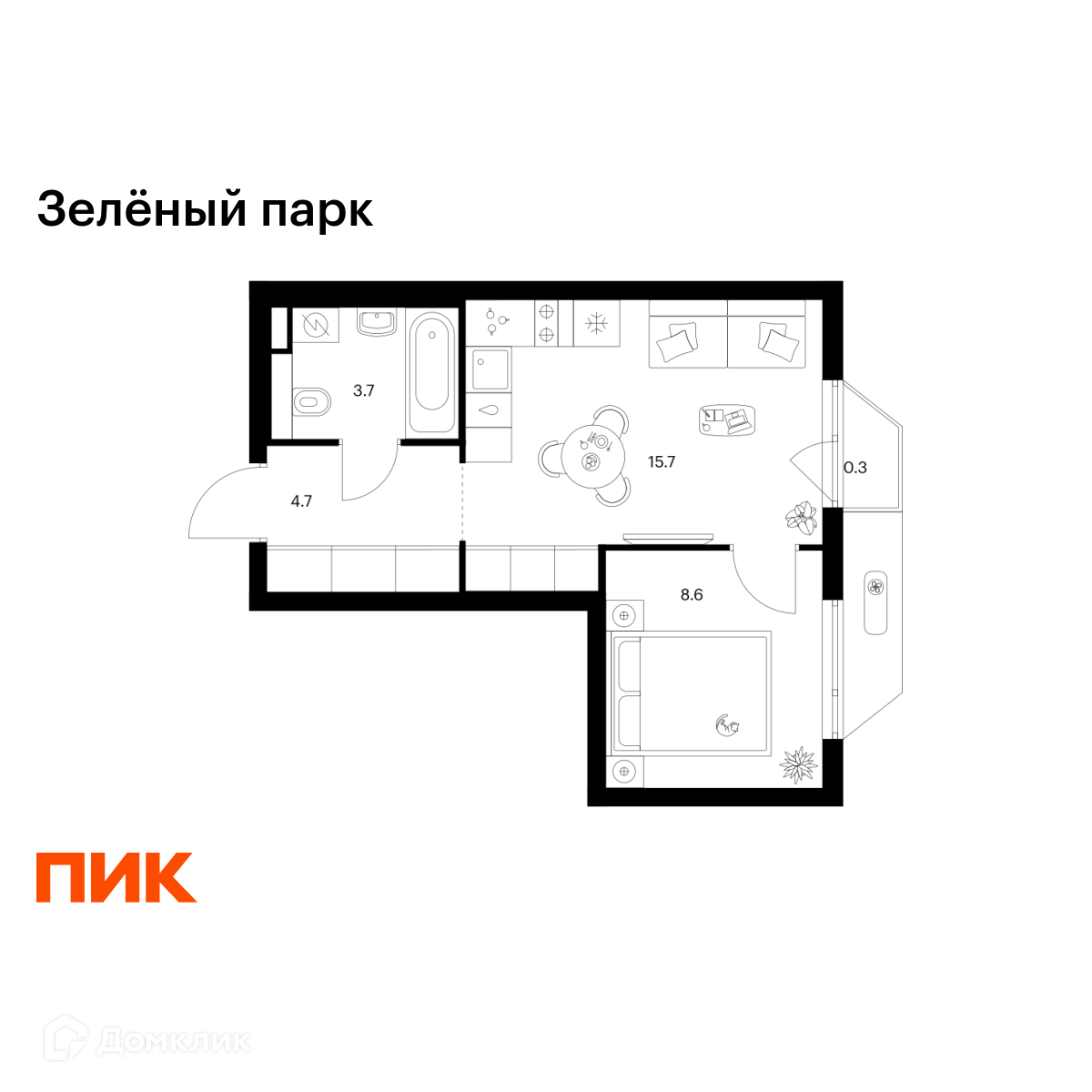 Планировка 1-комн. в ЖК «Зелёный парк»