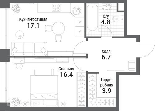 Планировка 1-комн. в ЖК «Нагатино Ай-Лэнд»