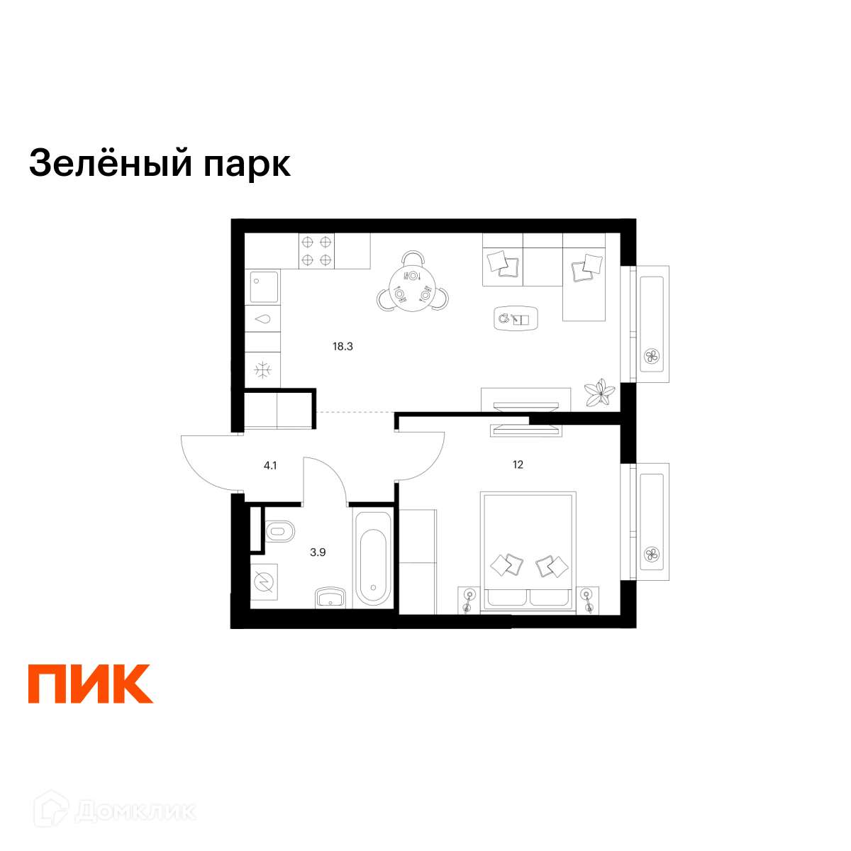 Планировка 1-комн. в ЖК «Зелёный парк»