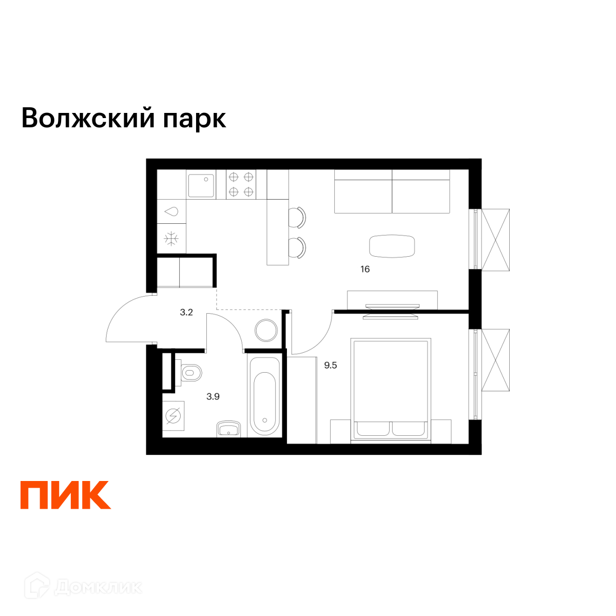 Планировка 1-комн. в ЖК «Волжский парк»