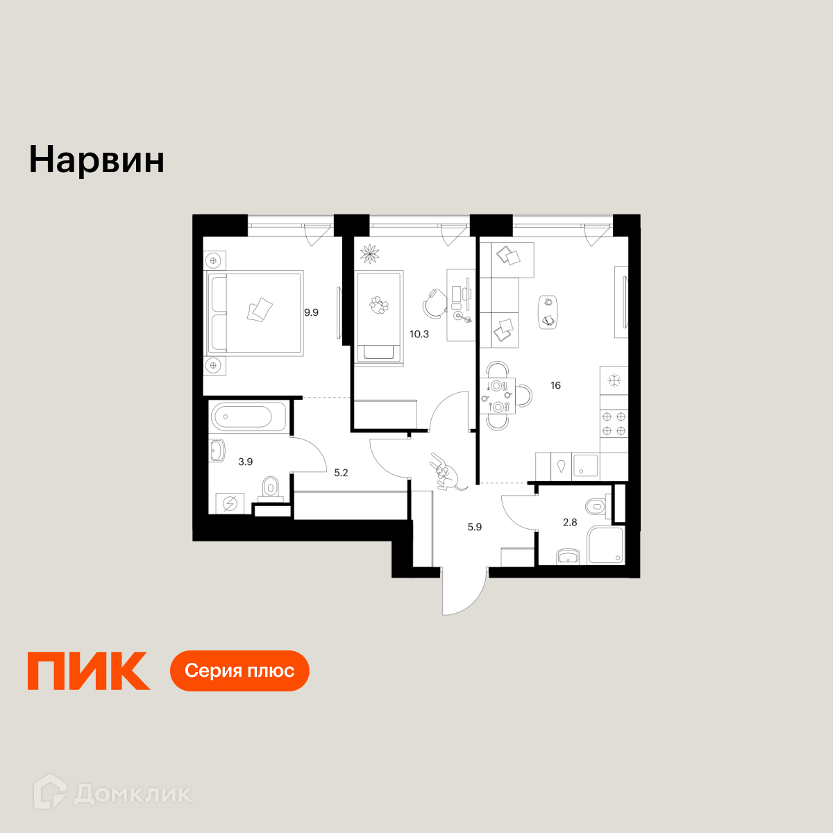 Планировка 2-комн. в ЖК «Нарвин»