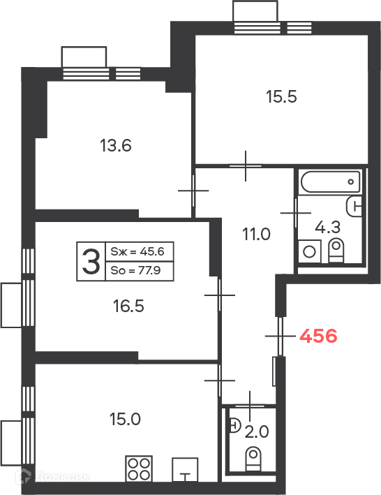 Планировка 3-комн. в ЖК «Дмитровское шоссе 89 (Московские кварталы)»