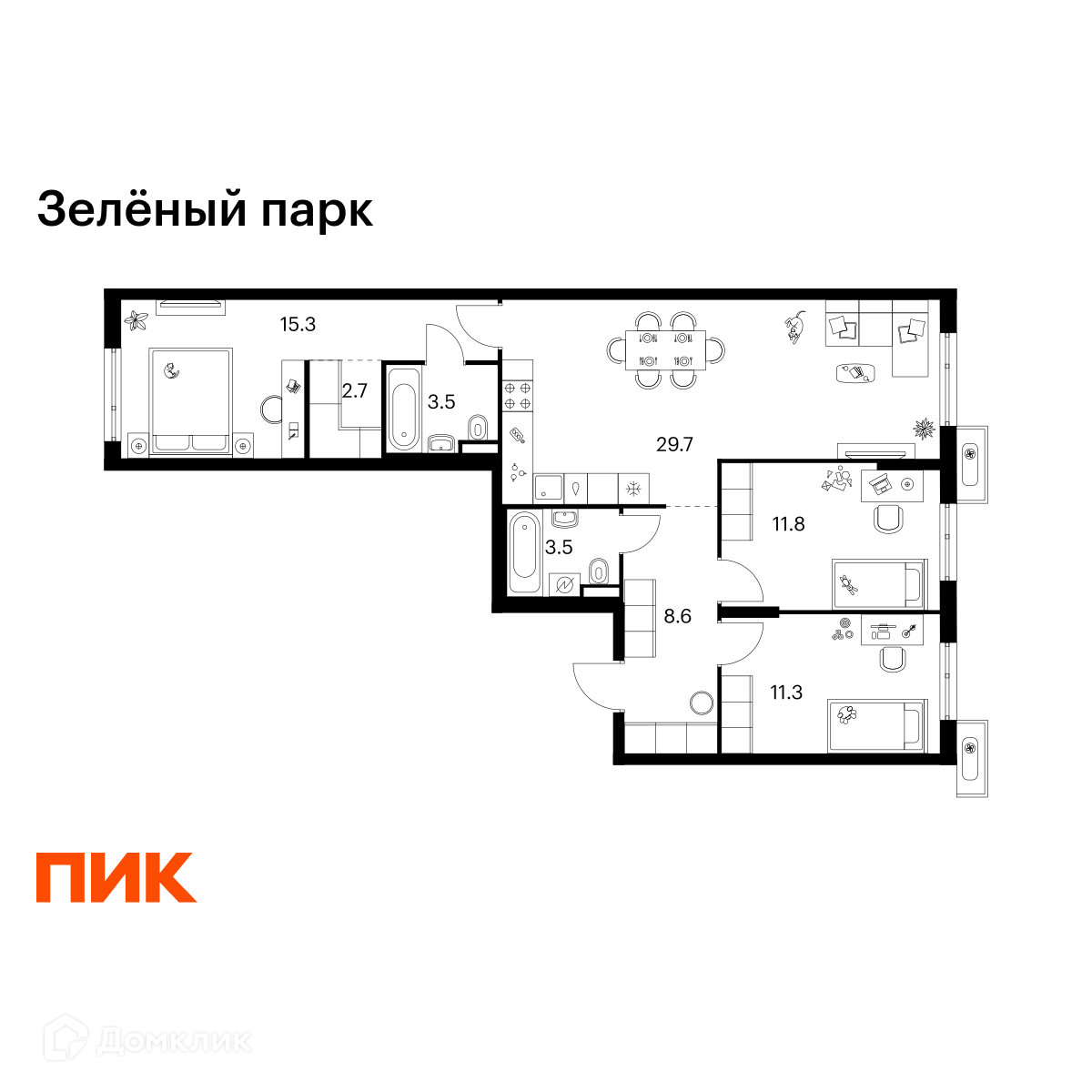 Планировка 3-комн. в ЖК «Зелёный парк»