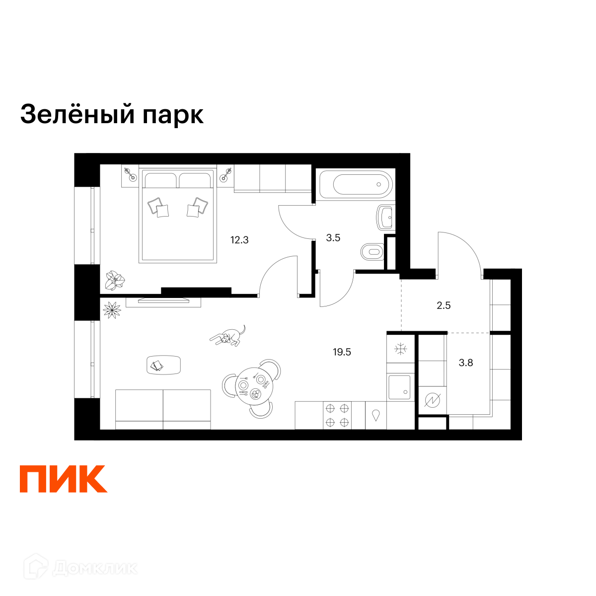 Планировка 1-комн. в ЖК «Зелёный парк»