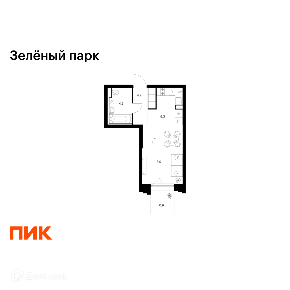 Планировка 1-комн. в ЖК «Зелёный парк»