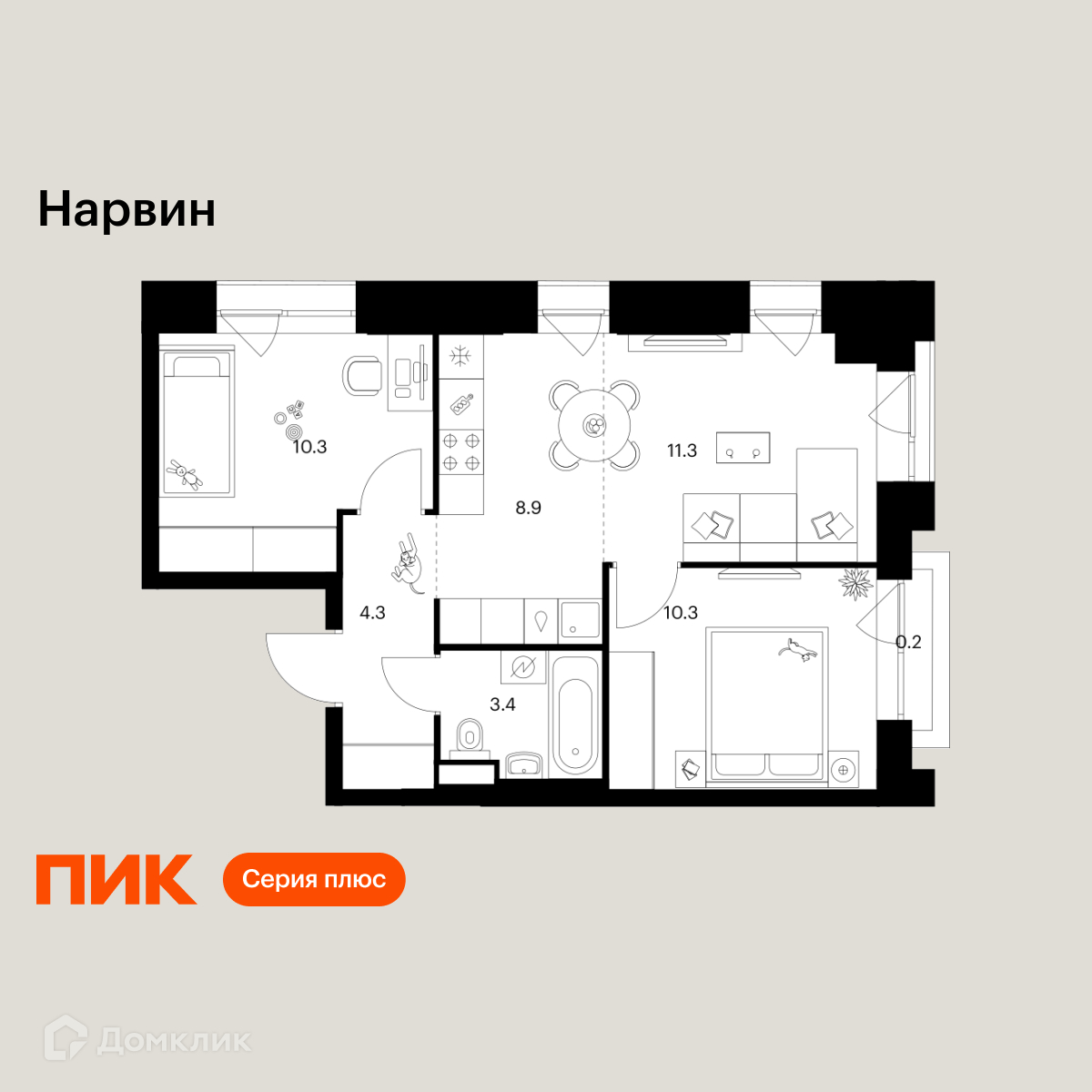 Планировка 3-комн. в ЖК «Нарвин»