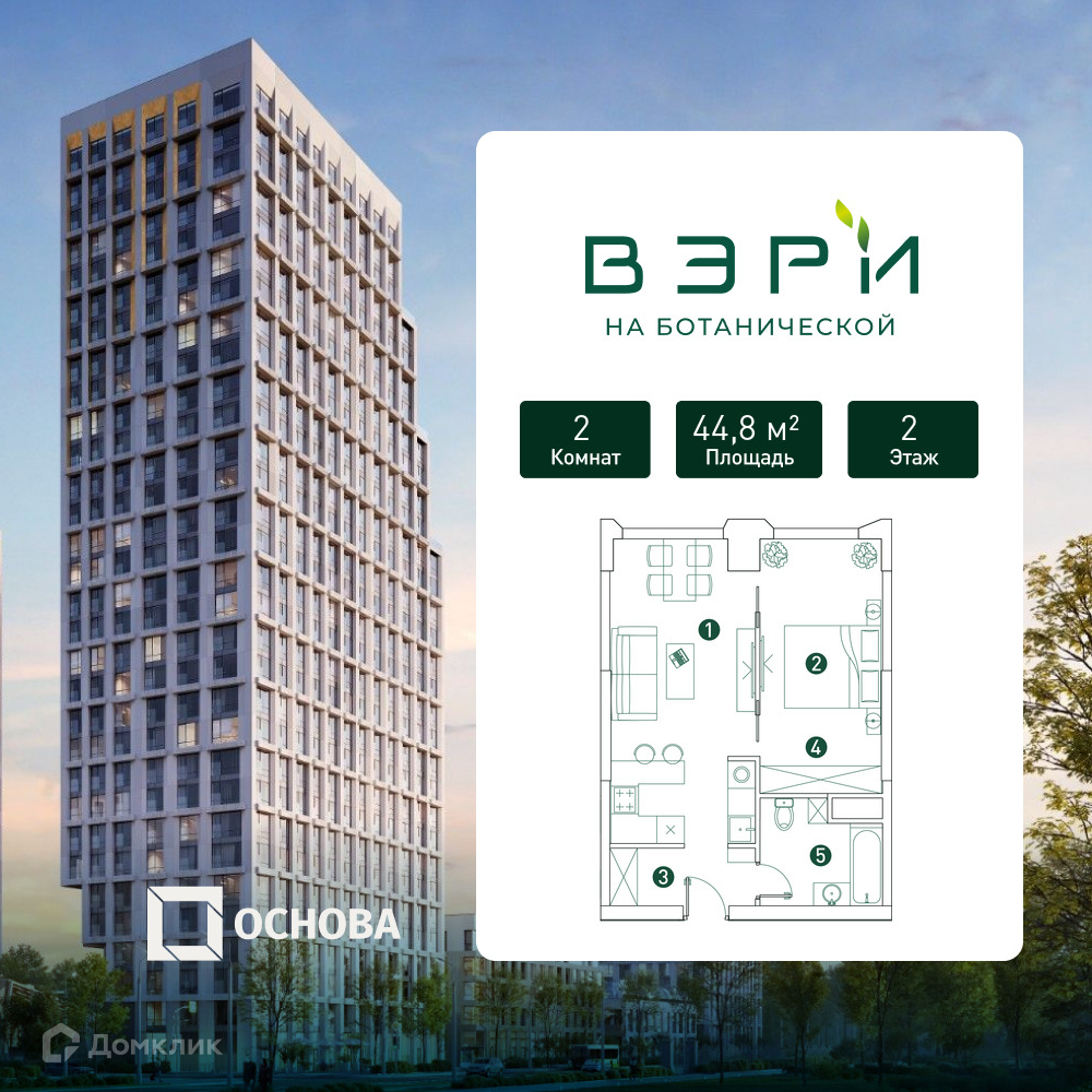Планировка 2-комн. в ЖК «Вэри на Ботанической»