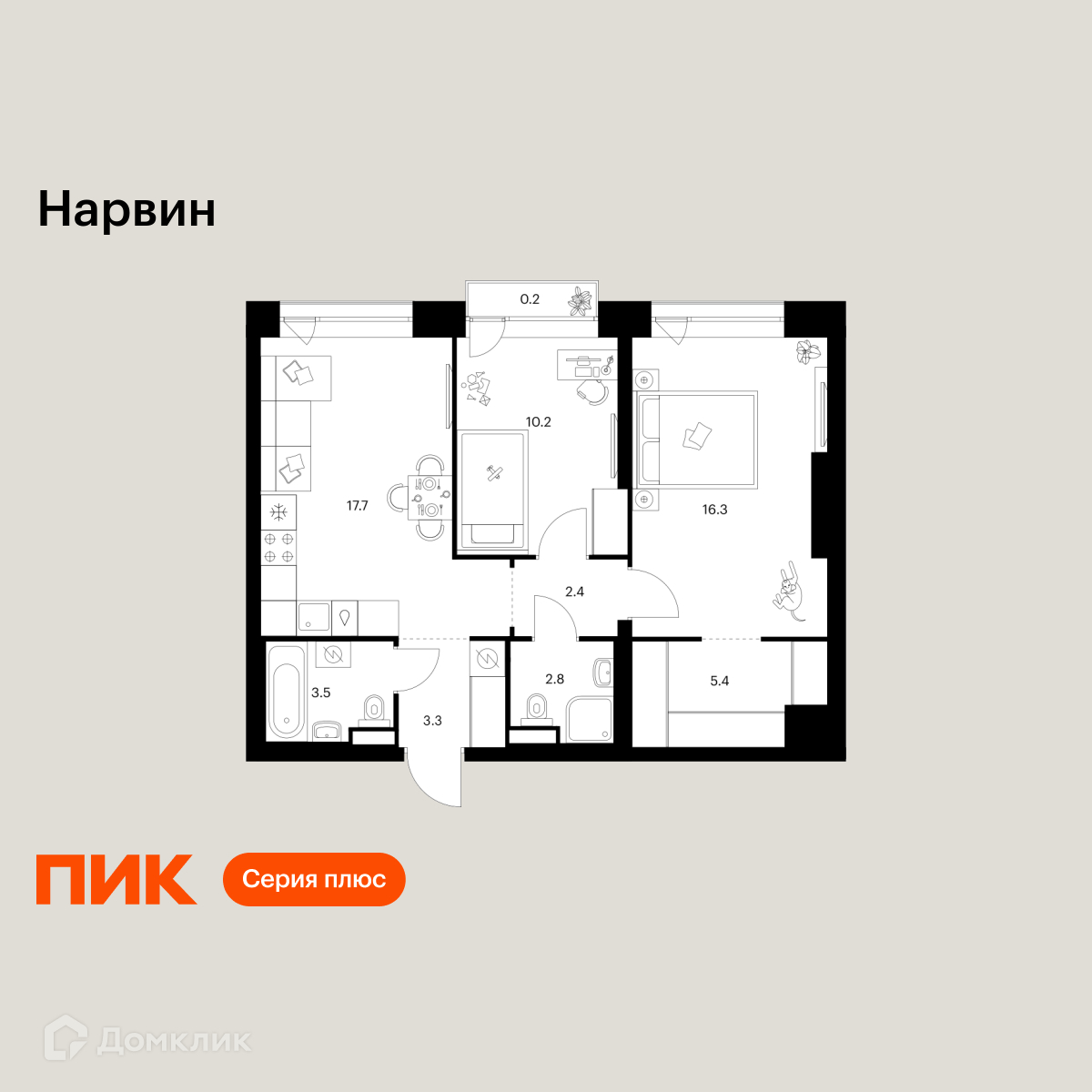 Планировка 2-комн. в ЖК «Нарвин»