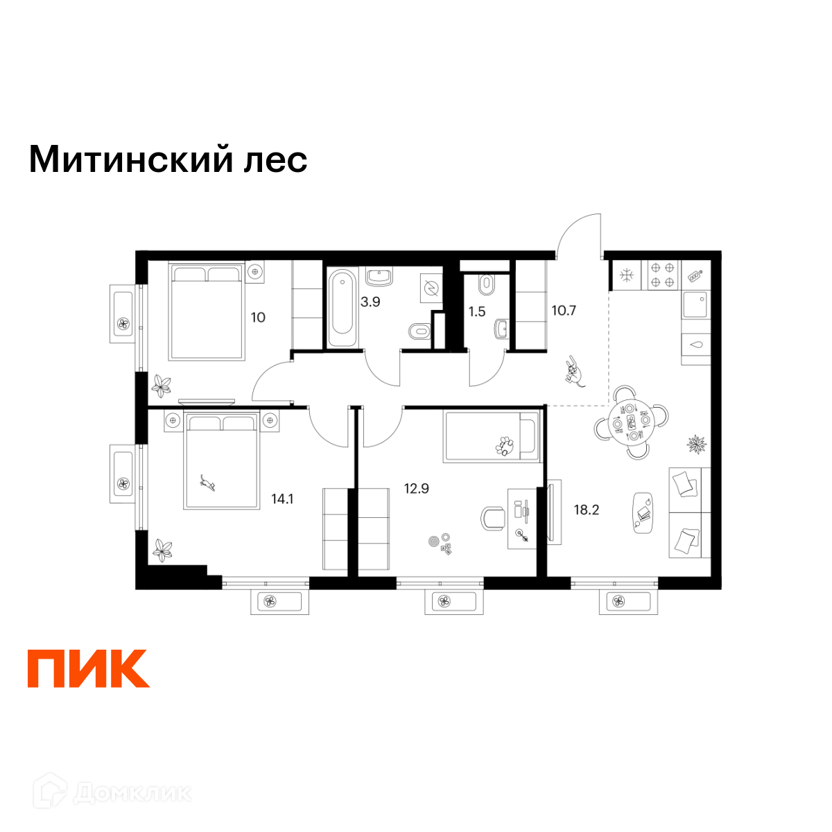 Планировка 3-комн. в ЖК «Митинский лес»