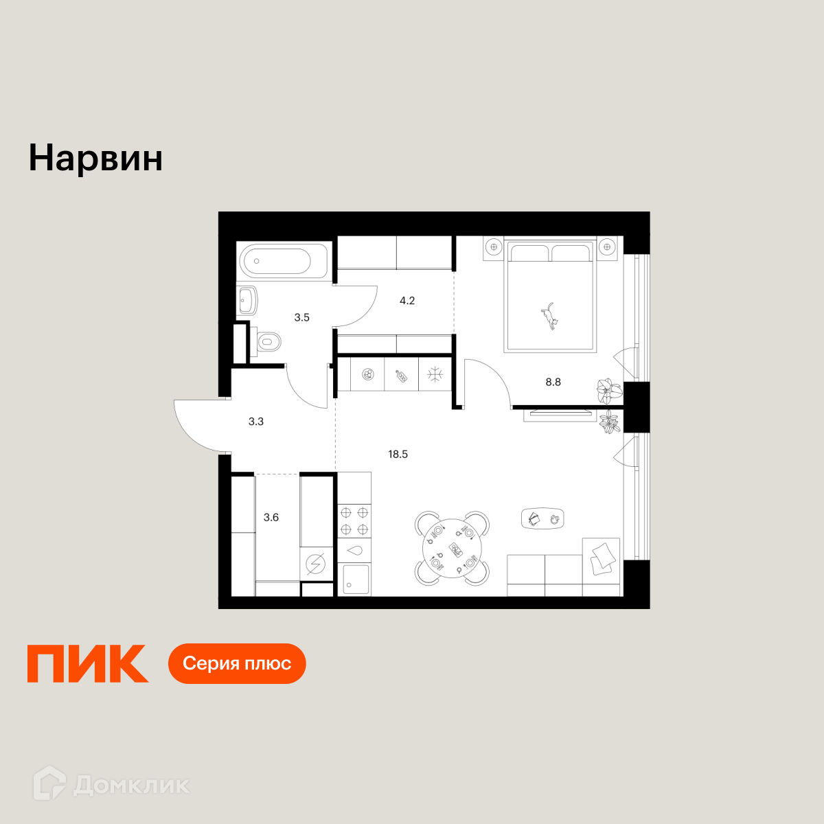 Планировка 1-комн. в ЖК «Нарвин»