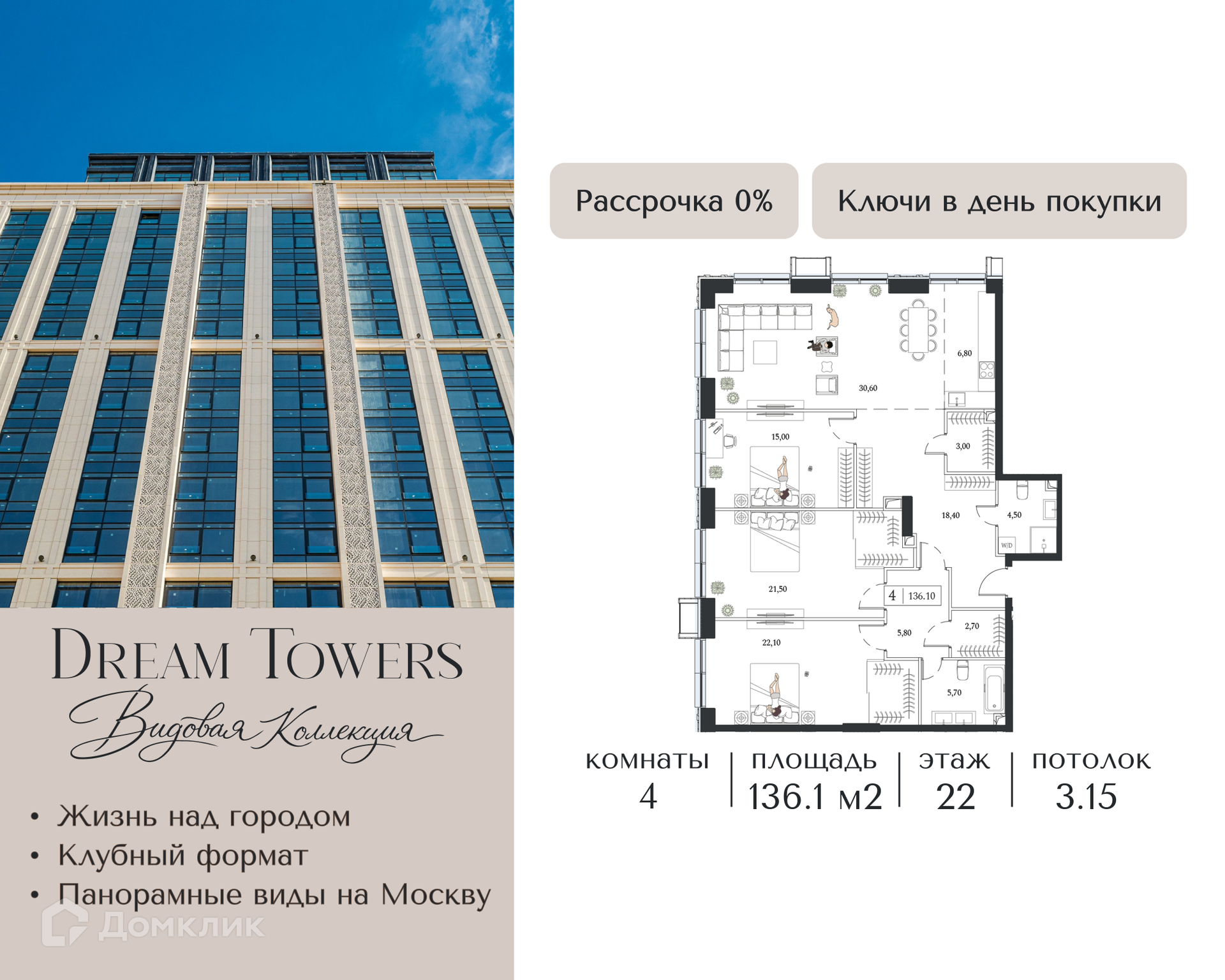 Планировка 4-комн. в ЖК «Дрим Тауэрс»
