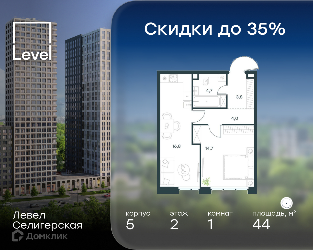 Планировка 1-комн. в ЖК «Левел Селигерская»
